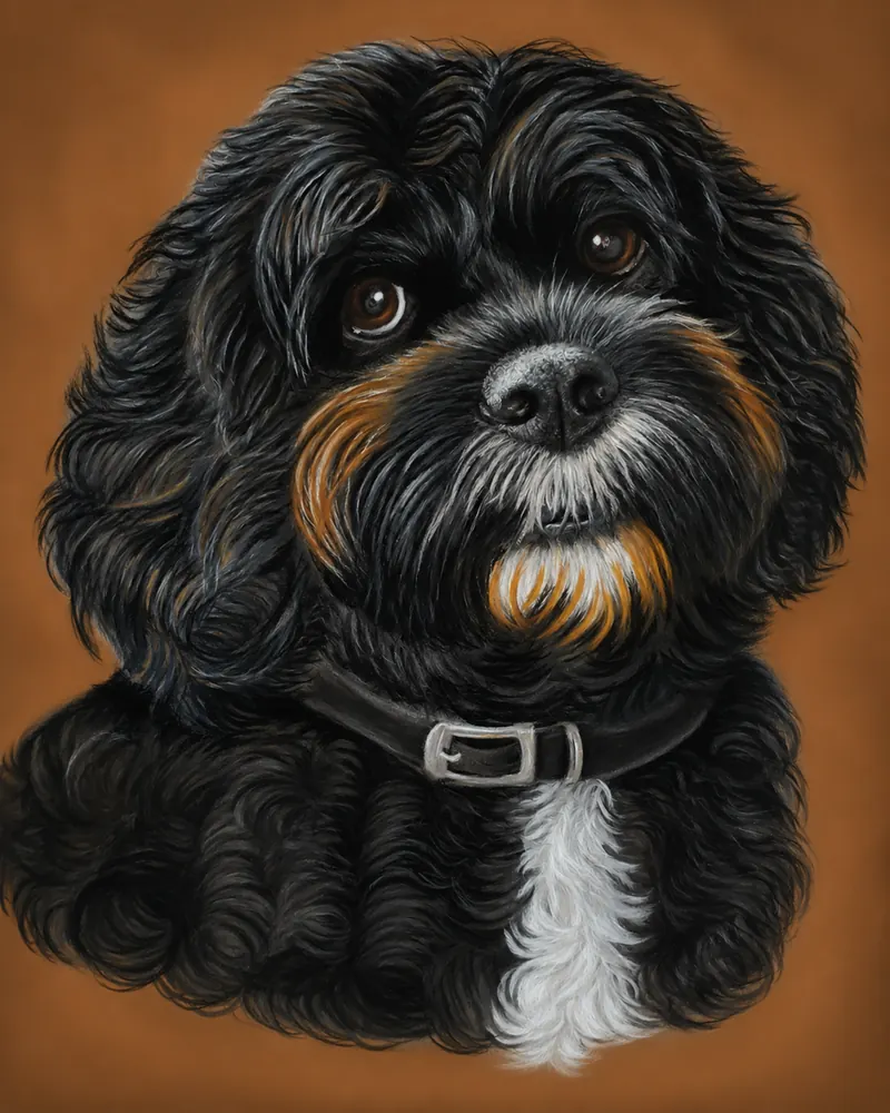Memorial pastel portrait of Charlie, a black cockapoo