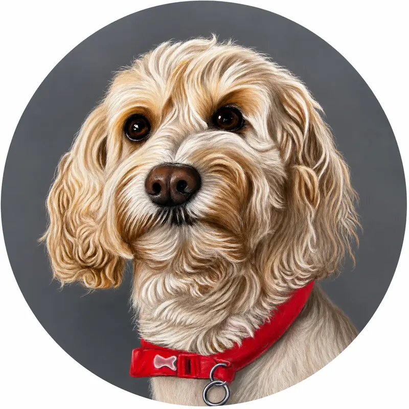 Custom soft pastel pet portrait by Claire of Oscar, a cockapoo with a red collar