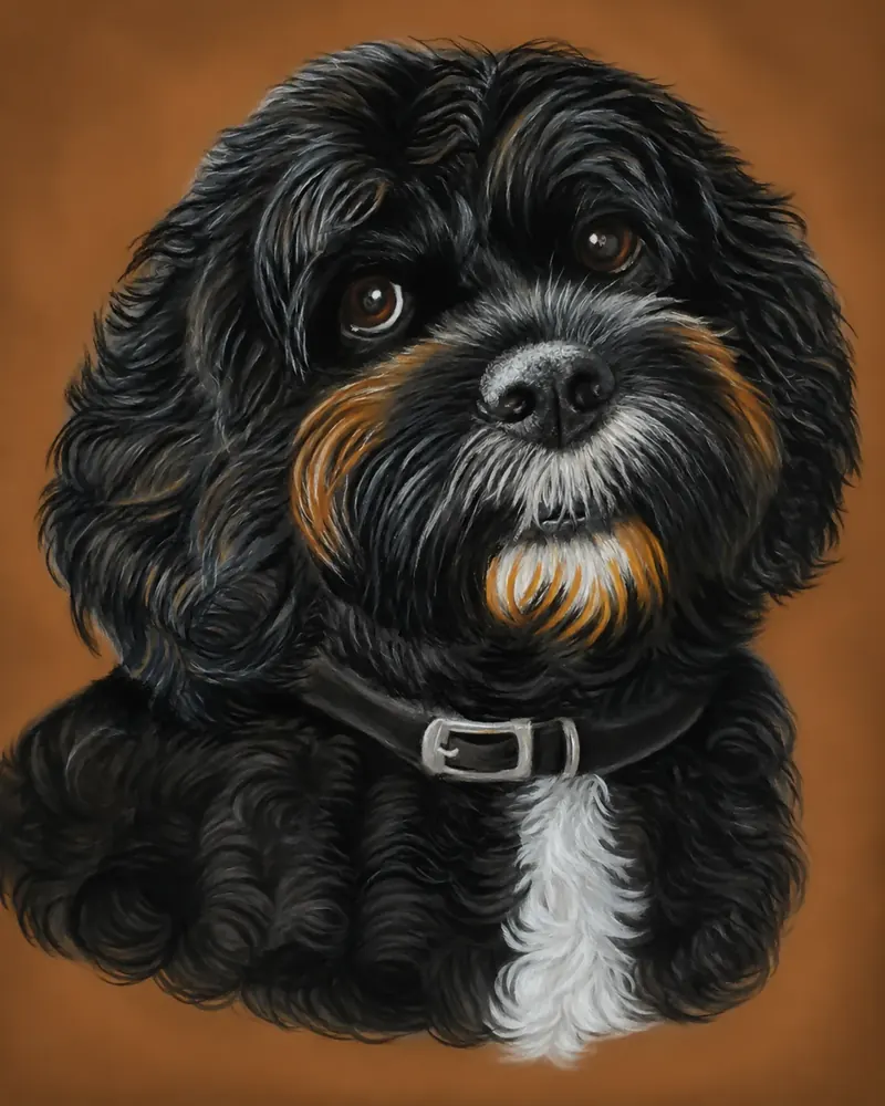Custom soft pastel pet portrait by Claire of Charlie, a black cockapoo with a white chest