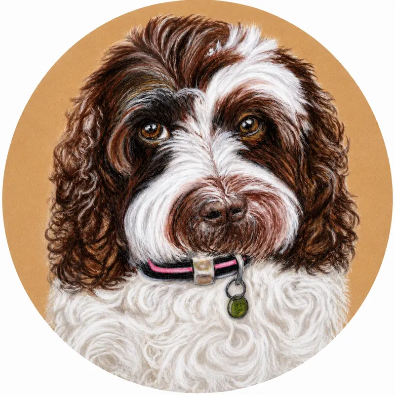 Custom soft pastel pet portrait by Claire of a brown and white cockapoo