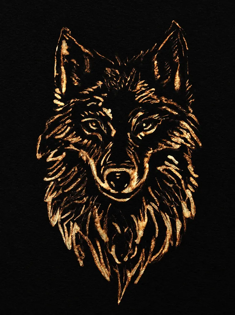 Custom soft pastel pet portrait by Claire — gold and black stylised study of a wolf