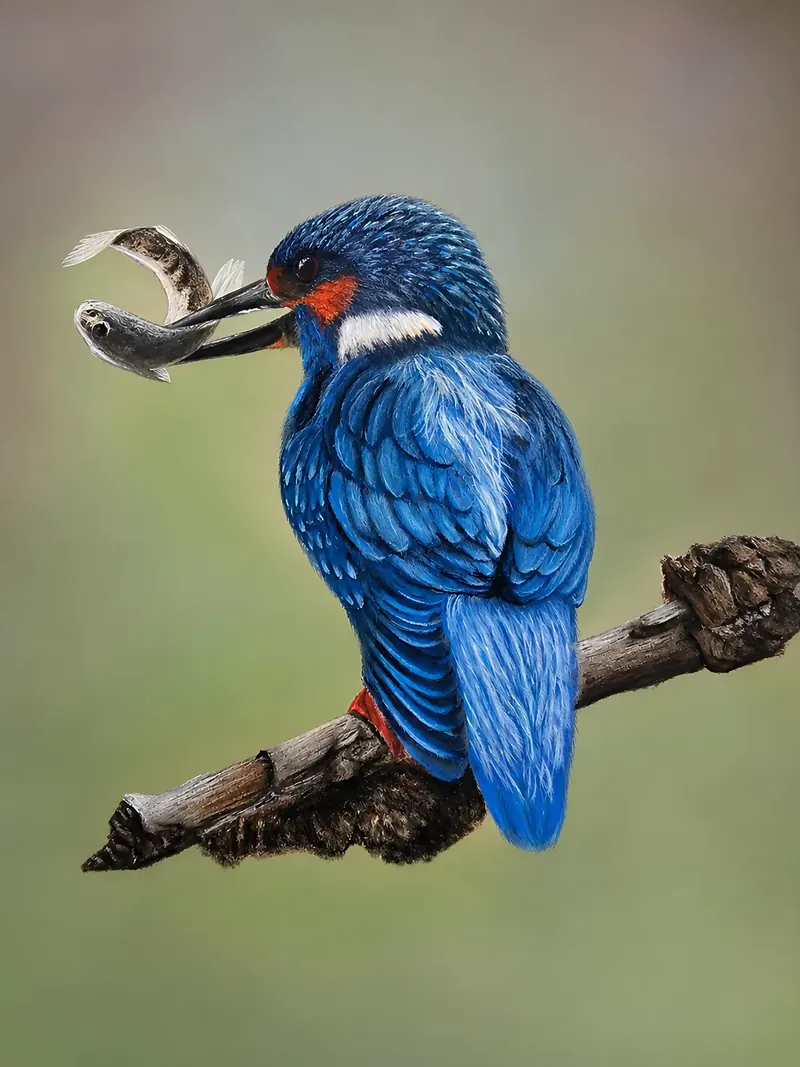 Custom soft pastel pet portrait by Claire of a kingfisher perched on a branch with a fish