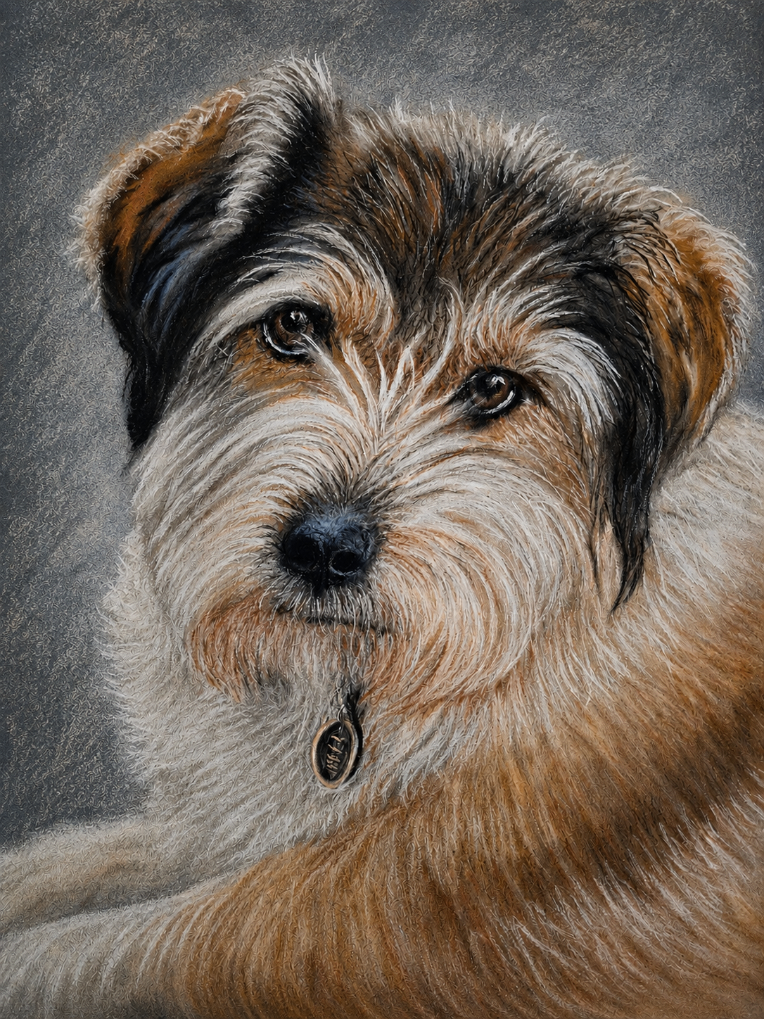 Pastel portrait of Bella, a scruffy terrier